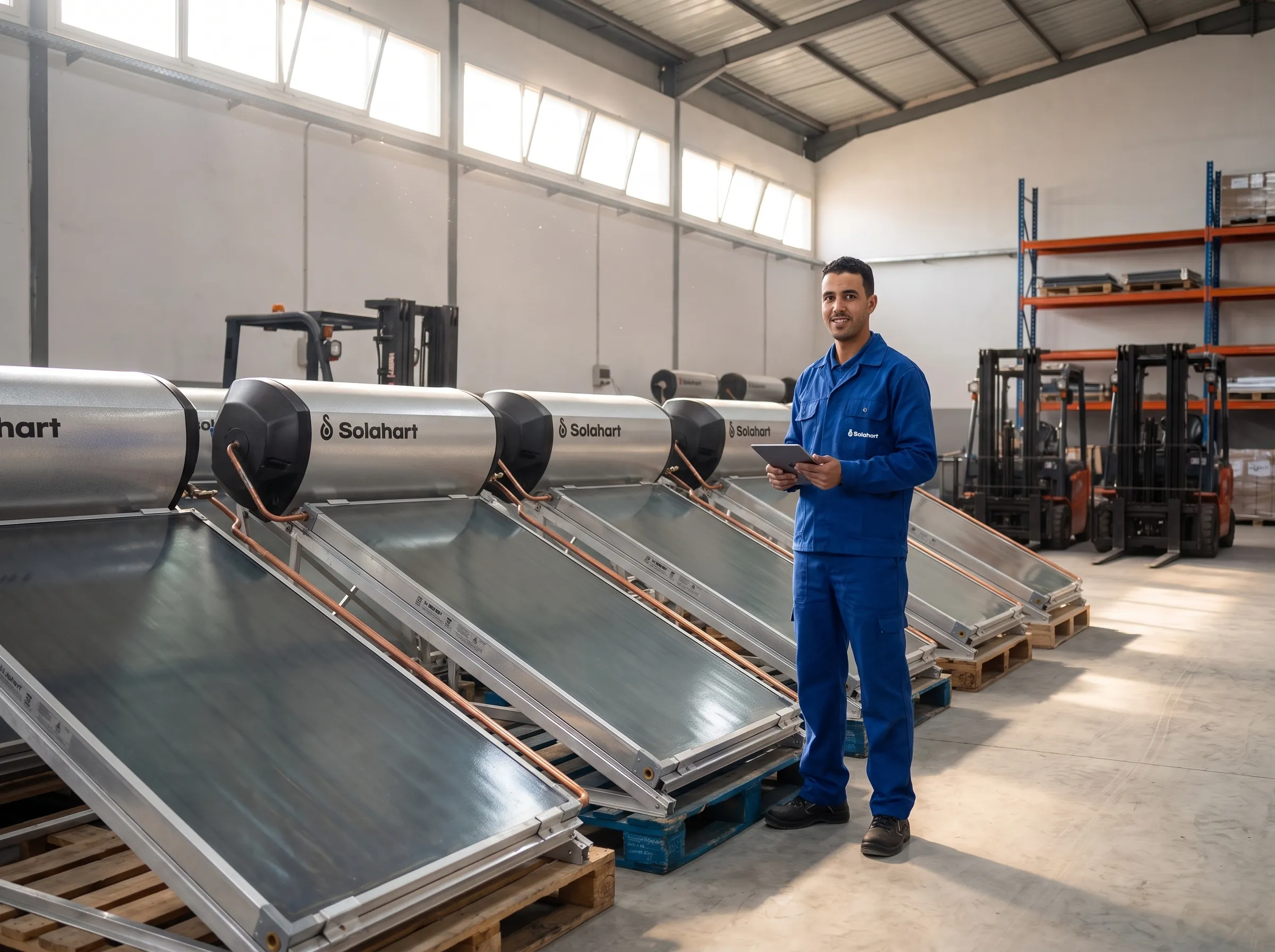 Technicien Ihope dans l'entrepôt Solahart à Casablanca